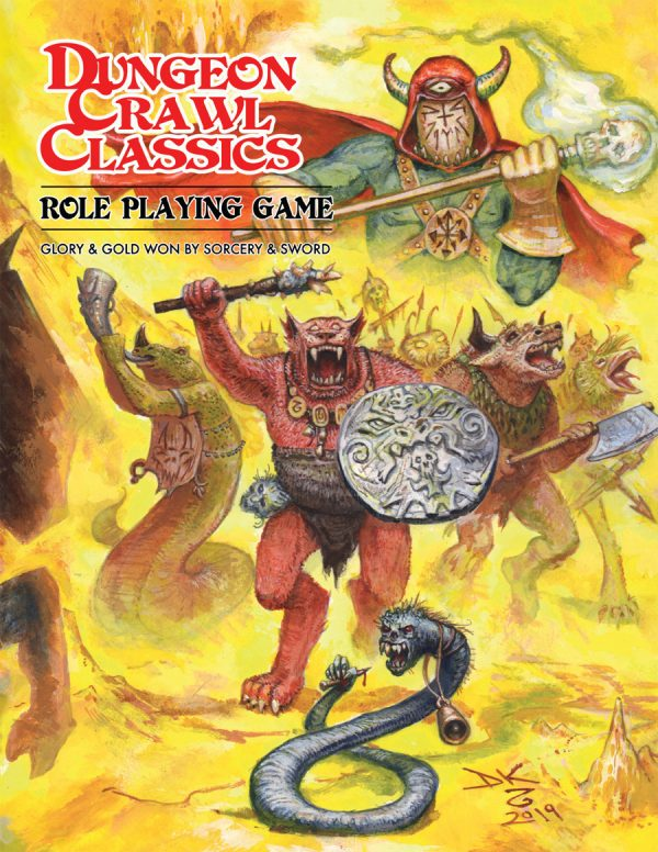 This limited edition softcover printing of the DCC RPG core rulebook features an all-new cover by Doug Kovacs! In an homage to the most popular DCC module of all time, Sailors on the Starless Sea, this “beastman cover” shows a Chaos Lord looming over his beastman army.